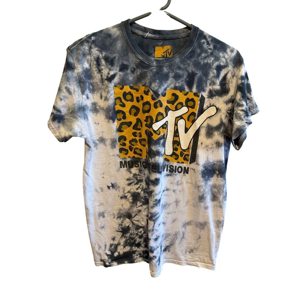 MTV Tie Dyed Graphic T-Shirt Vintage Short Sleeve Black White Cheetah Print Sz M